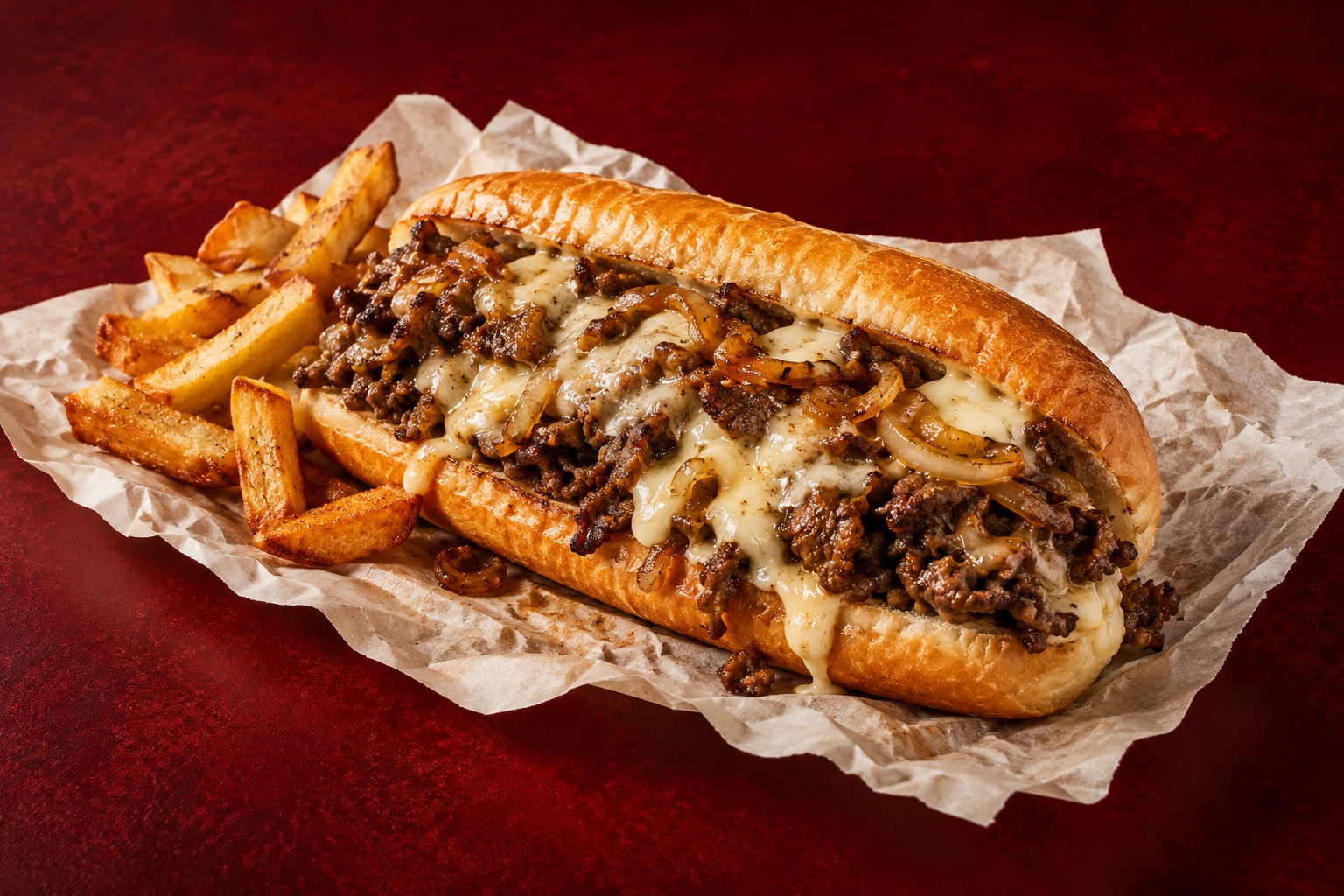 Philly Cheesesteak mit Steakhouse Fries – illustrative Darstellung